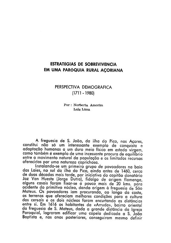 Estratégias de sobrevivência em uma paróquia rural açoriana. Perspectiva demográfica (1711-1980).