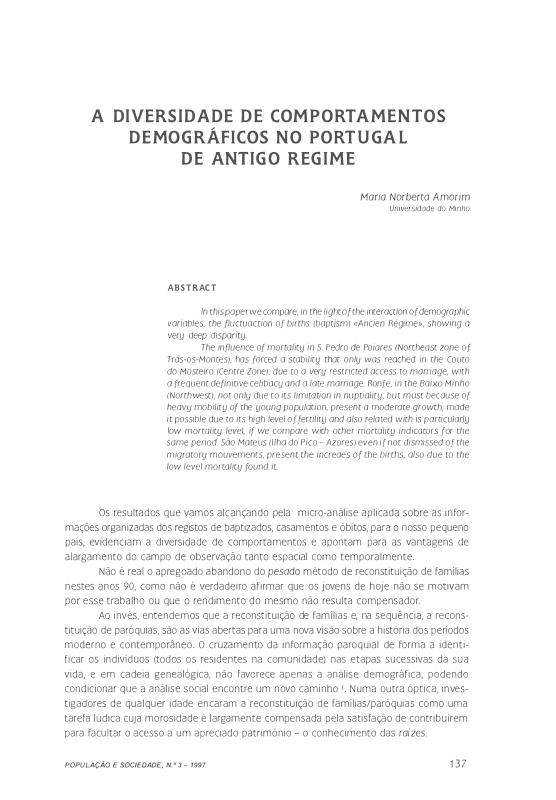 A diversidade de comportamentos demográficos no Portugal de antigo regime