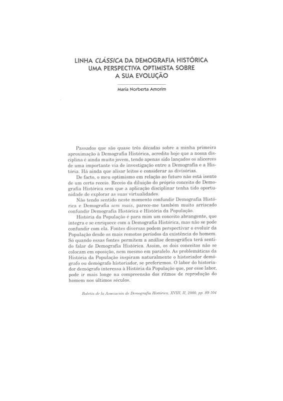 Linha clássica da Demografia Histórica. Uma perspectiva optimista sobre a sua evolução
