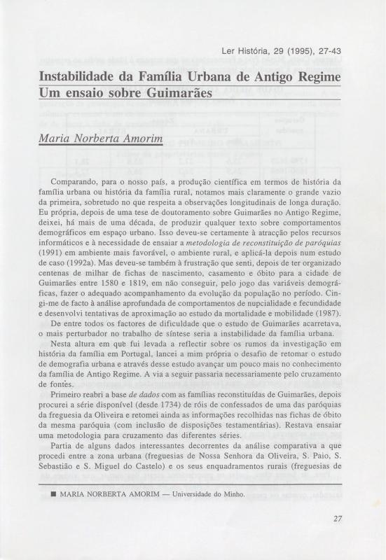 Instabilidade da Família Urbana de Antigo Regime Um ensaio sobre Guimarães