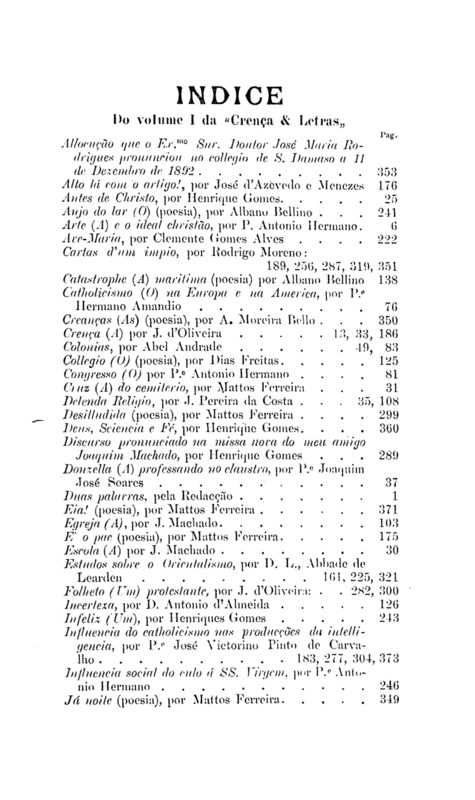 Crença e Letras (Índice de 1892)