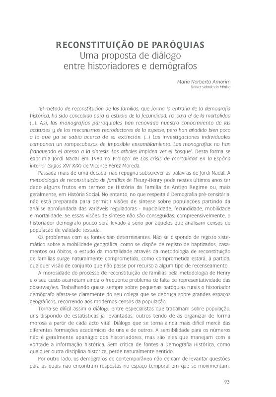 Reconstituição de paróquias. Uma proposta de diálogo entre historiadores e demógrafos