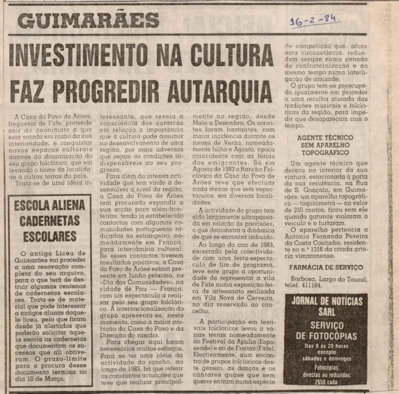 Jornal de Notícias -16/02/1984