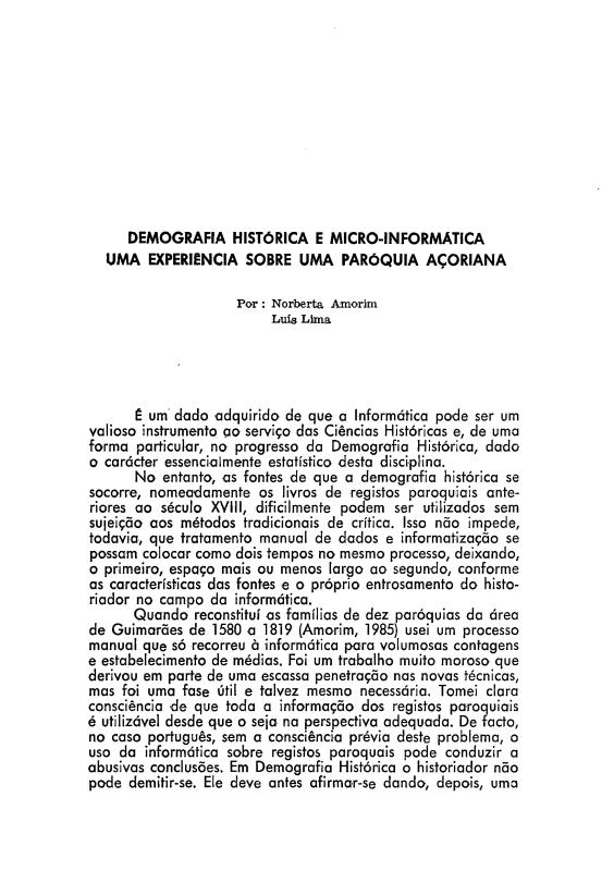 Demografia histórica e micro-informática. Uma experiência sobre uma paróquia açoriana.