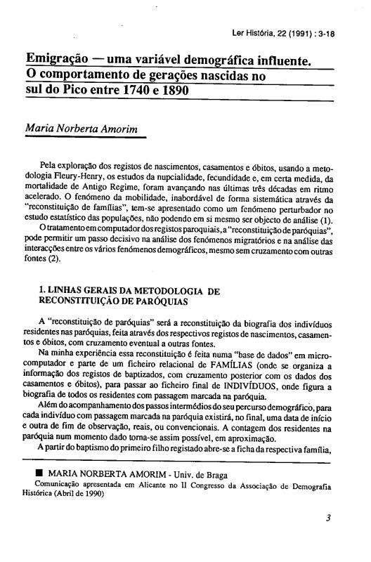 Emigração: Uma variável demográfica influente. O comportamento de gerações nascidas no sul do Pico entre 1740 e 1890
